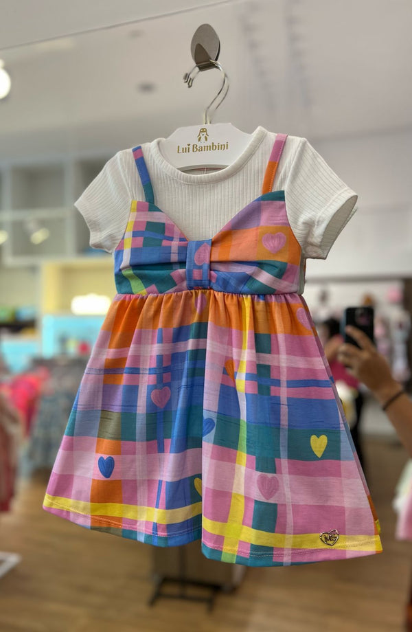 VESTIDO MANGA CURTA CANELADO E SOBREPOSIÇÃO ESTAMPADA CORAÇÃO MENINA MON SUCRÉ