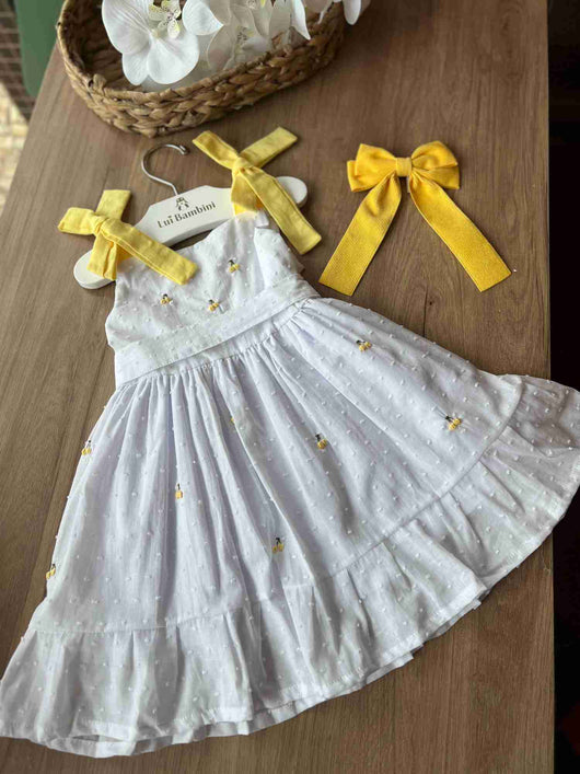 VESTIDO DE ALÇA COM FLORES BORDADAS E POÁ ENTREMEIOS MENINA LUI BAMBINI