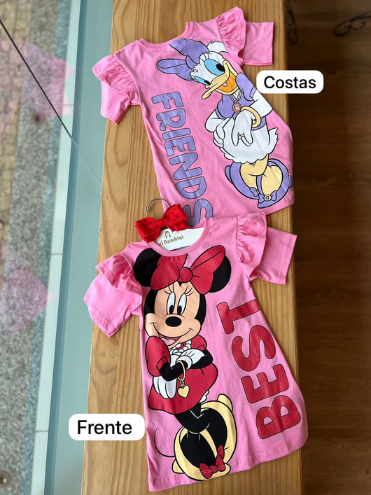 VESTIDO MANGA CURTA BABADOS MINNIE E MARGARIDA GLITTER BEST FRIENDS MENINA FAKINI