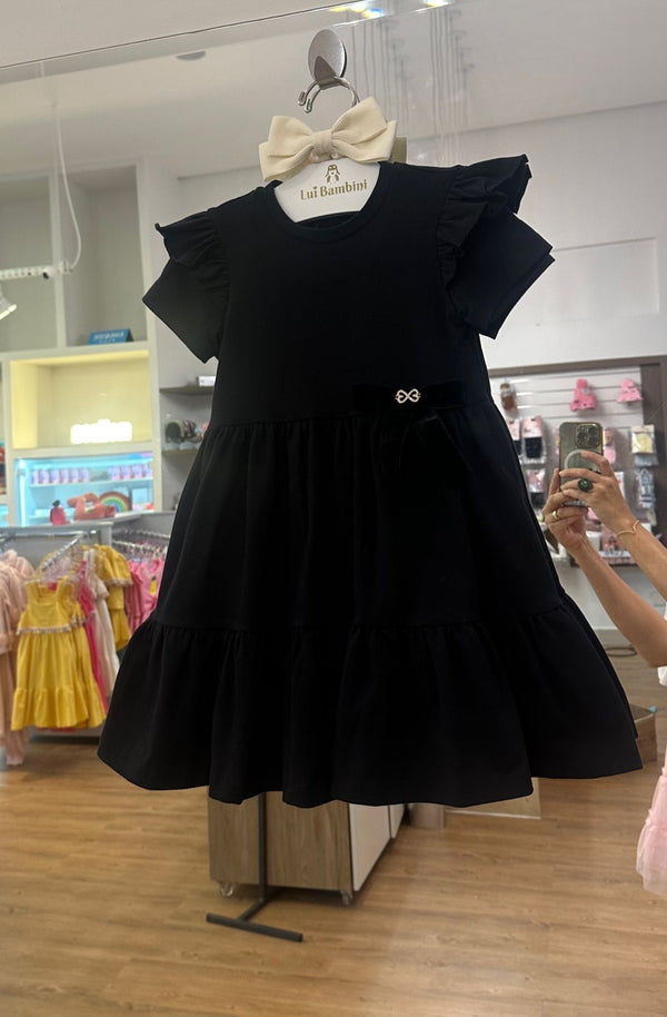 VESTIDO MANGA CURTA RODADO COM BABADOS LAÇO E PINGENTE MENINA LULUZINHA