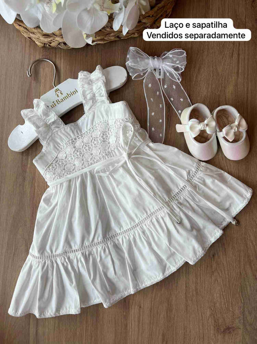 VESTIDO ALÇA COM BABADO RENDA FLORES BATIZADO MENINA PETIT CHERIE