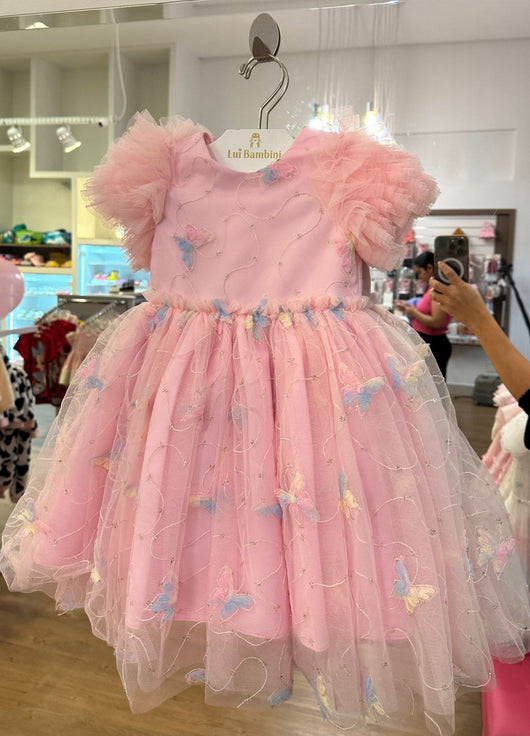 VESTIDO MANGA CURTA COM BABADOS EM TULE BORBOLETAS MENINA PETIT CHERIE