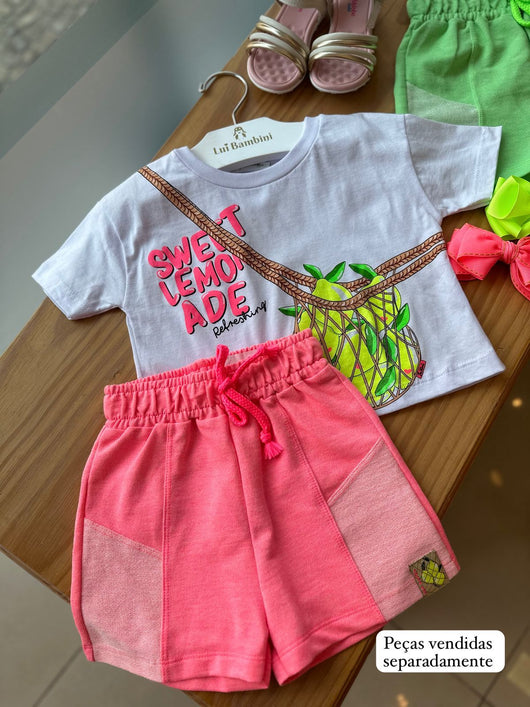 CONJUNTO BLUSA MANGA CURTA LIMÕES GLITTER E SHORT MOLETINHO MENINA FAKINI