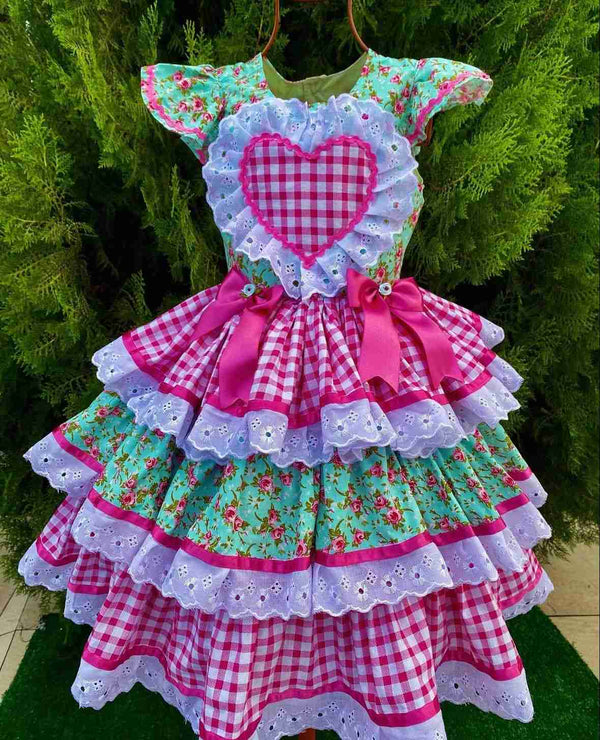 VESTIDO MANGA CURTA JUNINO XADREZ CORAÇÃO QUADRICULADO FLORAL RENDADO COM LAÇOS MENINA LUI BAMBINI