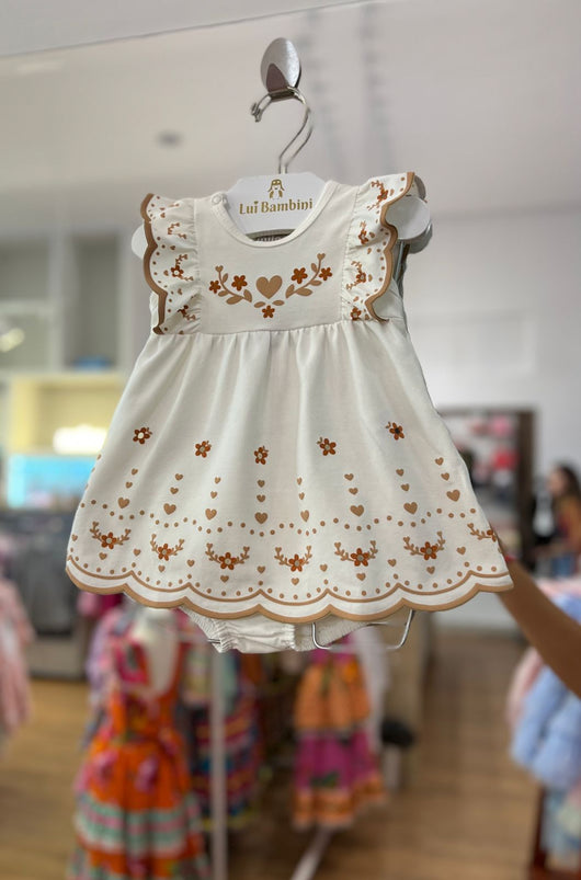 VESTIDO MANGA CURTA BABADOS FLORES E CORAÇÕES COM CALCINHA MENINA MILON