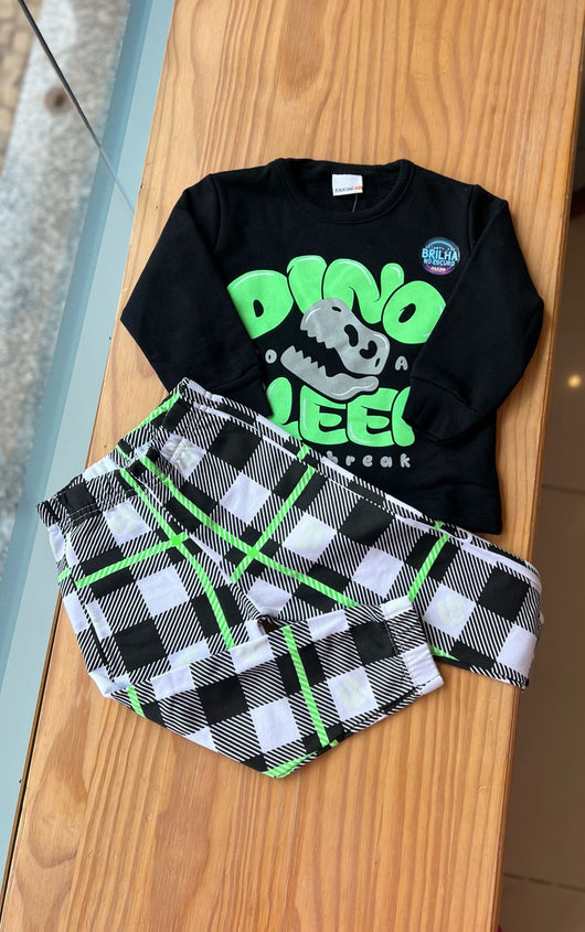 CONJUNTO PIJAMA MANGA LONGA DINO SLEEP COM CALÇA XADREZ MENINO FAKINI