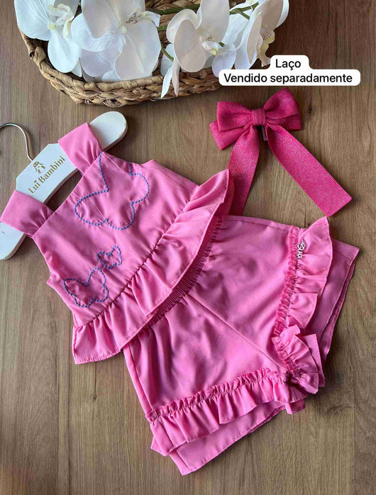 CONJUNTO ALÇAS LARGAS BORDADOS BORBOLETAS BABADO E SHORT MENINA MON SUCRÉ