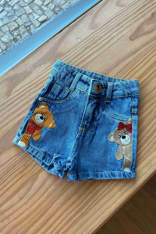 SHORT JEANS COM AJUSTE TED E BIA URSOS BORDADOS MENINA LUI BAMBINI