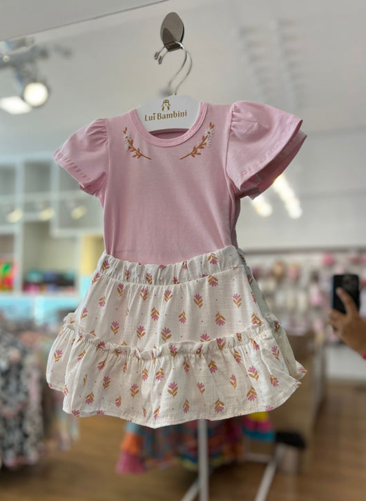 CONJUNTO BLUSA MANGA CURTA FLORES RELEVO COM SAIA LINHO FLORAL MENINA COLORITTÁ