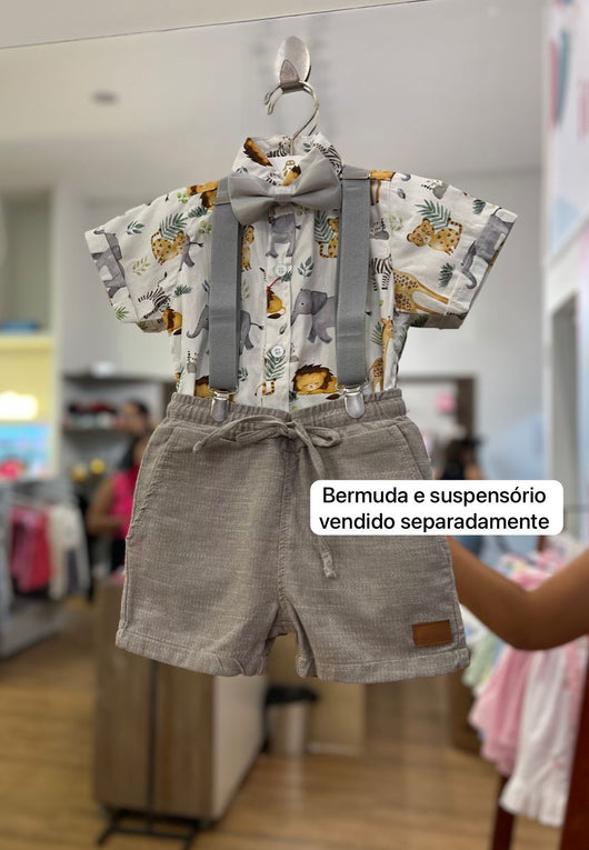 CAMISA MANGA CURTA DOBRADA COM GOLA E BOTÕES SAFARI ANIMAL MENINO LUI BAMBINI