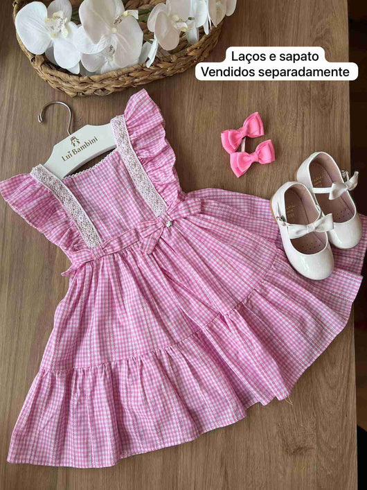 VESTIDO ALÇA COM BABADO PEROLADO COM RENDA LAÇO XADREZ MENINA PETIT CHERIE