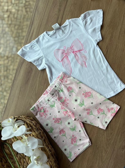 CONJUNTO INFANTIL BLUSA MANGA CURTA LAÇO STRASS E BERMUDA FLORES MENINA PULLA BULLA