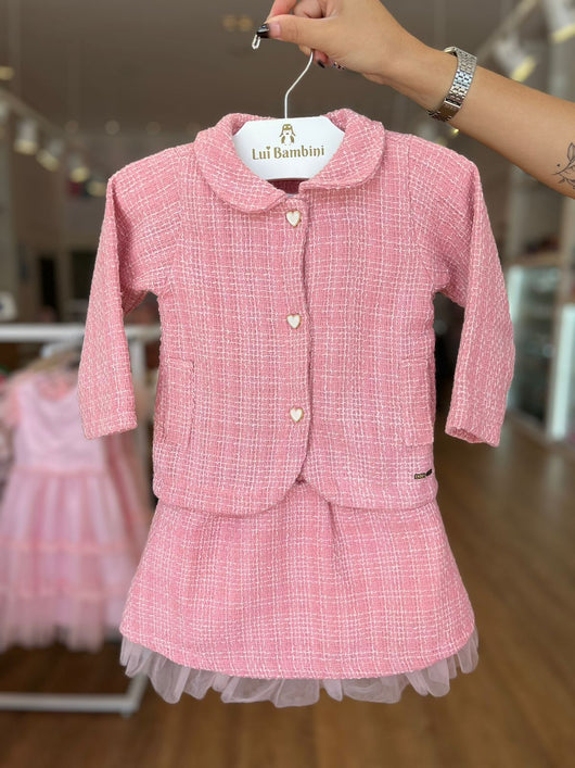 CONJUNTO CASACO MANGA LONGA CORAÇÕES COM SAIA TULE TWEED MENINA ANJOS BABY