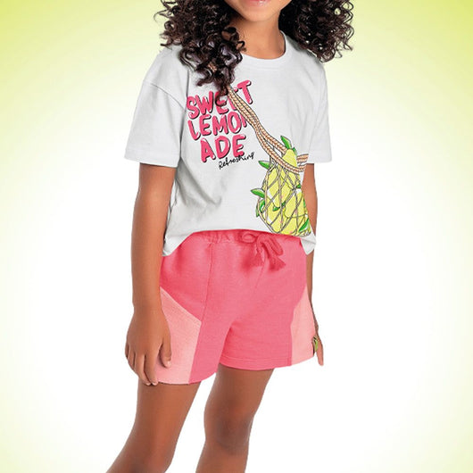 CONJUNTO BLUSA MANGA CURTA LIMÕES GLITTER E SHORT MOLETINHO MENINA FAKINI