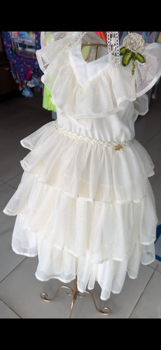 VESTIDO MANGA CURTA EM TULE COM BABADOS PEROLAS E FLOR CANUTILHOS MENINA LULUZINHA PRO45