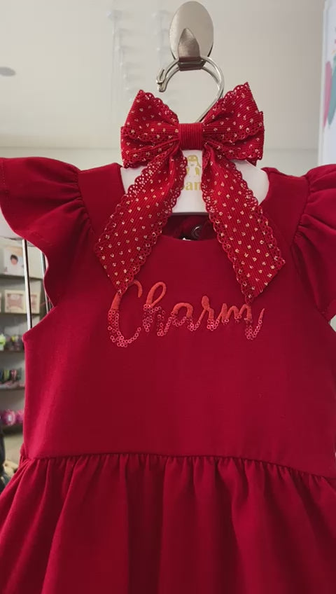 VESTIDO COM ALÇA CRUZADA E BABADO CHARM BORDADO COM PAETES MENINA ANGERO