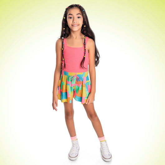 CONJUNTO BLUSA ALÇA CANELADA COM AMARRAÇÃO E SHORT QUADRICULADO MENINA FAKINI - CONJUNTO INFANTIL FEMININO - CONJUNTO MENINA - MENINA