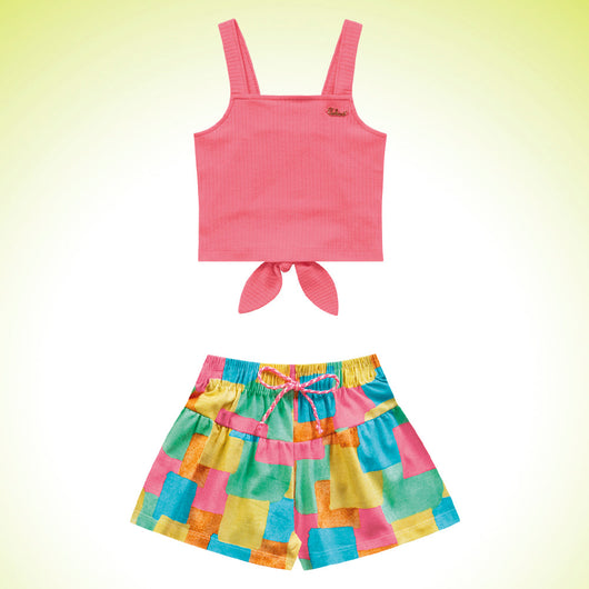 CONJUNTO BLUSA ALÇA CANELADA COM AMARRAÇÃO E SHORT QUADRICULADO MENINA FAKINI - CONJUNTO INFANTIL FEMININO - CONJUNTO MENINA - MENINA