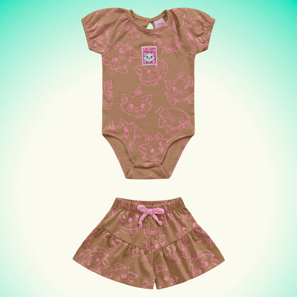 CONJUNTO BODY MANGA CURTA COM SHORT LAÇO GATINHA MARIE MENINA FAKINI - BODY MENINA - CONJUNTO INFANTIL FEMININO - CONJUNTO MENINA