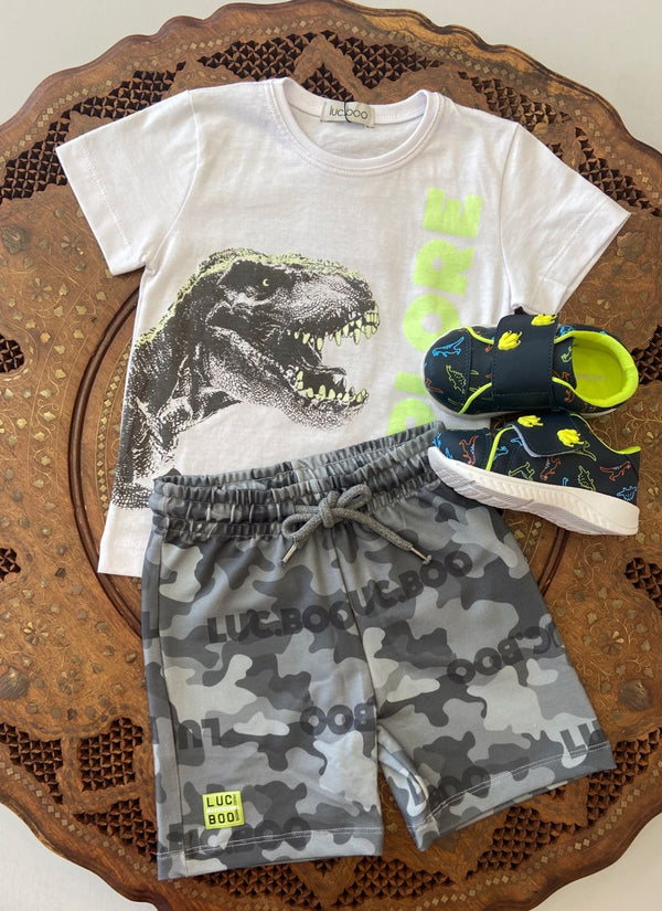 CONJUNTO CAMISETA MANGA CURTA E BERMUDA DINOSSAURO EXPLORE MENINO LUC BOO