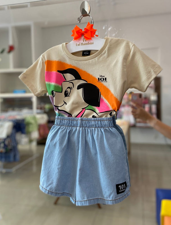 CONJUNTO BLUSA MANGA CURTA ARCO ÍRIS 101 DALMATAS COM SHORT JEANS MENINA FAKINI - CONJUNTO INFANTIL FEMININO - CONJUNTO MENINA - MENINA