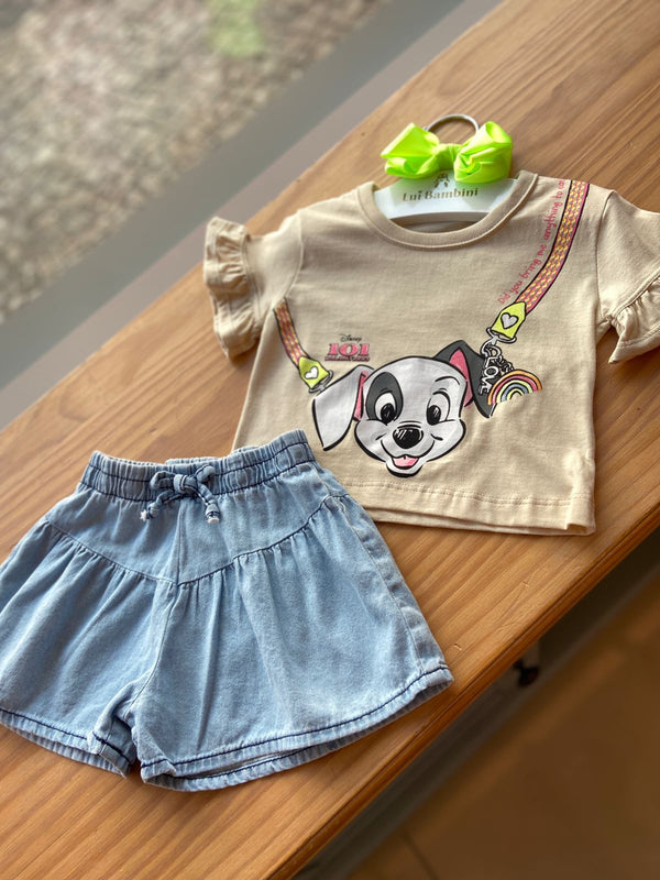 CONJUNTO BLUSA MANGA CURTA 101 DALMATAS E SHORT JEANS MENINA FAKINI - CONJUNTO INFANTIL FEMININO - CONJUNTO MENINA - MENINA