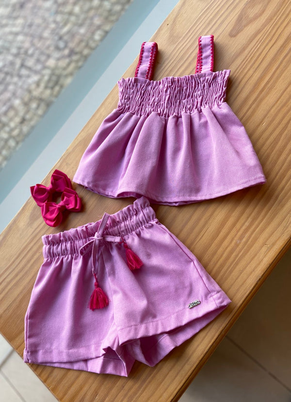 CONJUNTO BLUSA MANGA CURTA ALÇA BORDADA E SHORT CORDÃO POMPOM MENINA INFANTI - CONJUNTO INFANTIL FEMININO - CONJUNTO MENINA - MENINA