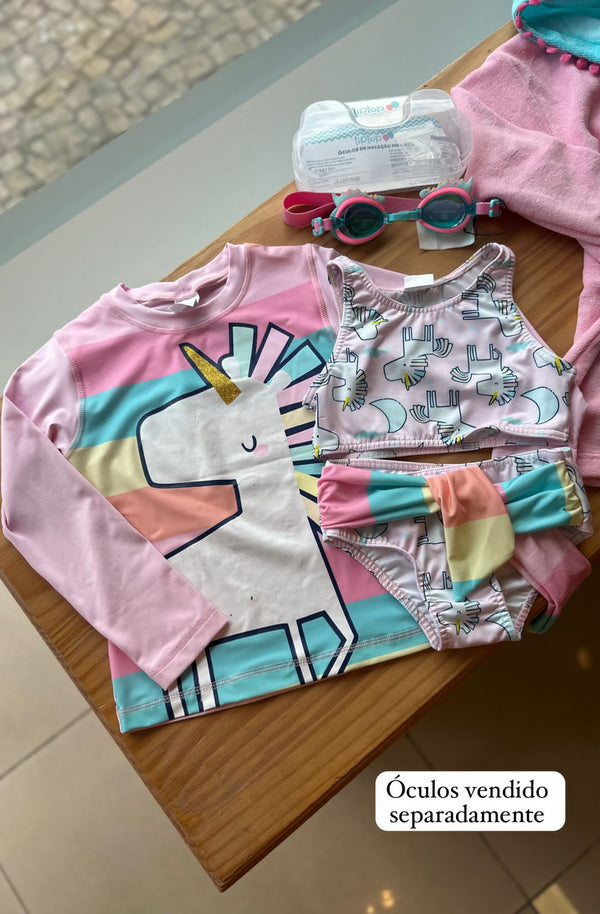 CONJUNTO BLUSA MANGA LONGA COM TOP E CALCINHA UNICORNIO UV50+ MENINA TIP TOP - BIQUINI PRAIA - CONJUNTO PRAIA MENINA - MENINA