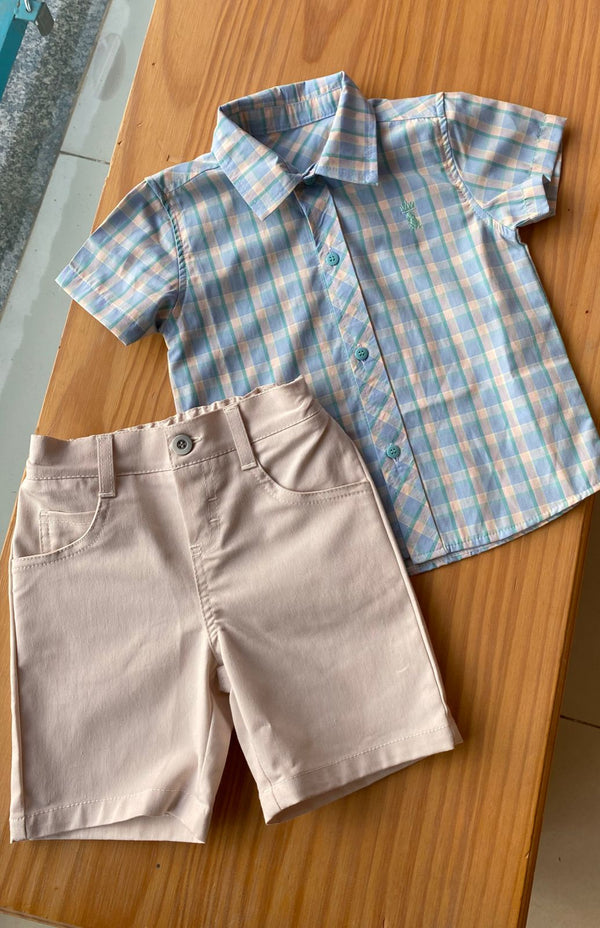 CONJUNTO CAMISA MANGA CURTA XADREZ QUADRICULADA E BERMUDA SARJA MENINO PUPI - cf-cor-azul-claro - CONJUNTO INFANTIL MASCULINO - CONJUNTO MENINO