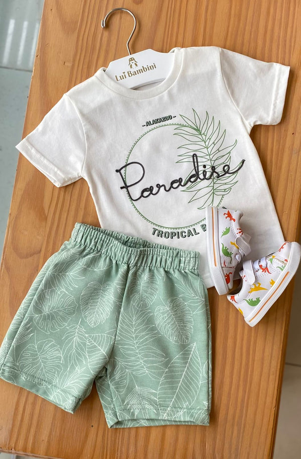 CONJUNTO CAMISETA MANGA CURTA E BERMUDA FOLHAGEM PARADISE MENINO ALAKAZOO - CONJUNTO INFANTIL MASCULINO - CONJUNTO MENINO - MENINO