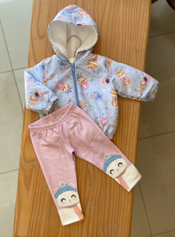 CONJUNTO CASACO PELUCIADO MANGA LONGA CAPUZ E CALÇA FESTA ANIMAL MENINA ALAKAZOO - CASACO INVERNO MENINA - CONJUNTO INFANTIL FEMININO - CONJUNTO INVERNO MENINA