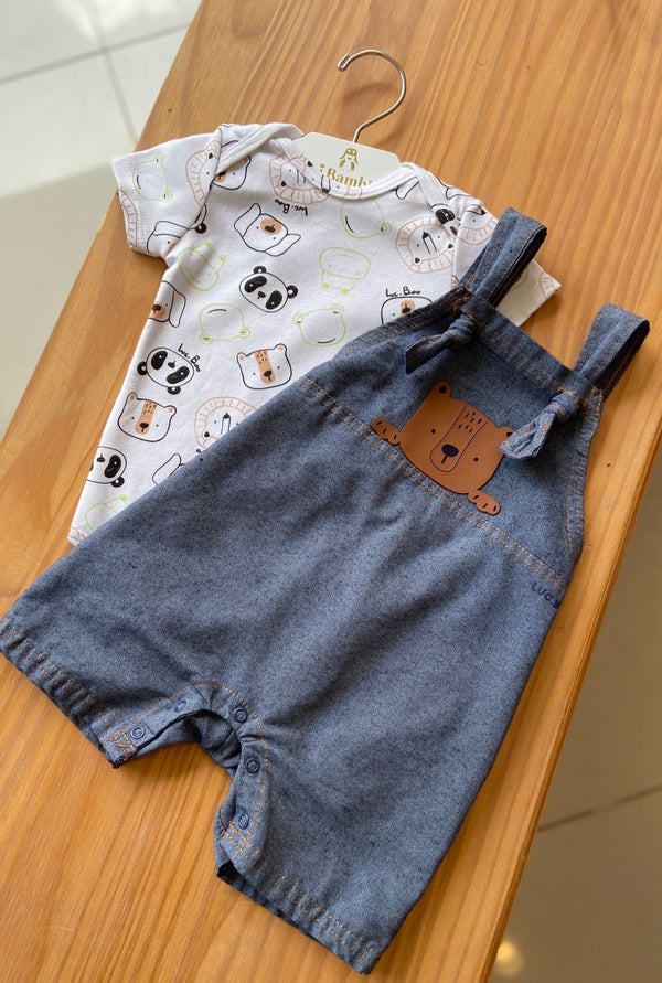 CONJUNTO BODY MANGA CURTA ANIMAIS E JARDINEIRA JEANS URSO MENINO LUC BOO