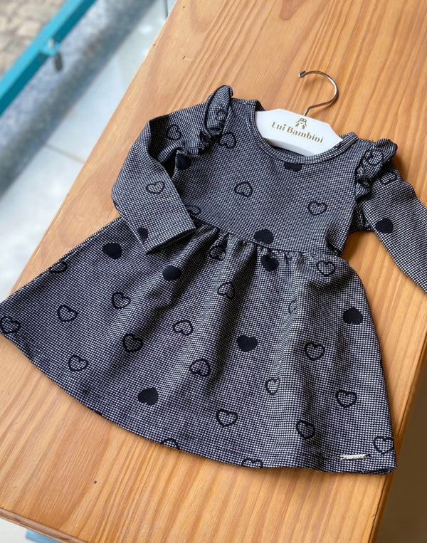 VESTIDO MANGA LONGA COM BABADO CORAÇÕES MINI PIED DE POULE MENINA ALAKAZOO