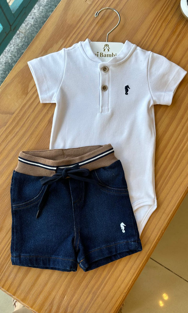 CONJUNTO BODY MANGA CURTA SUEDINE COM BERMUDA MOLETOM JEANS MENINO ONDA MARINHA - BODY MENINO - CONJUNTO INFANTIL MASCULINO - CONJUNTO MENINO