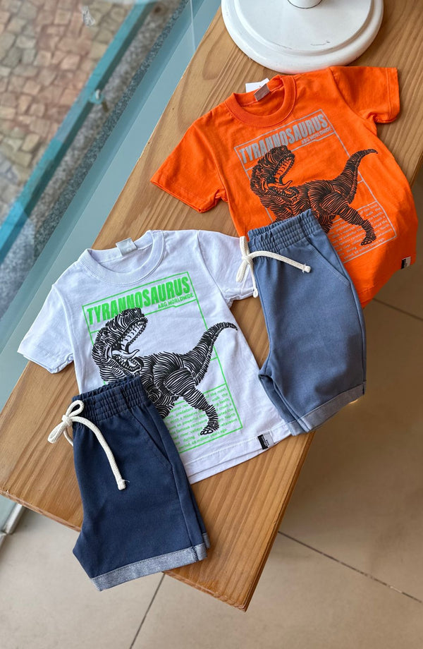 CONJUNTO CAMISETA MANGA CURTA E BERMUDA JEANS TIRANOSSAURO BOLSOS MENINO ABRANGE - CONJUNTO INFANTIL MASCULINO - CONJUNTO MENINO - COR BRANCA