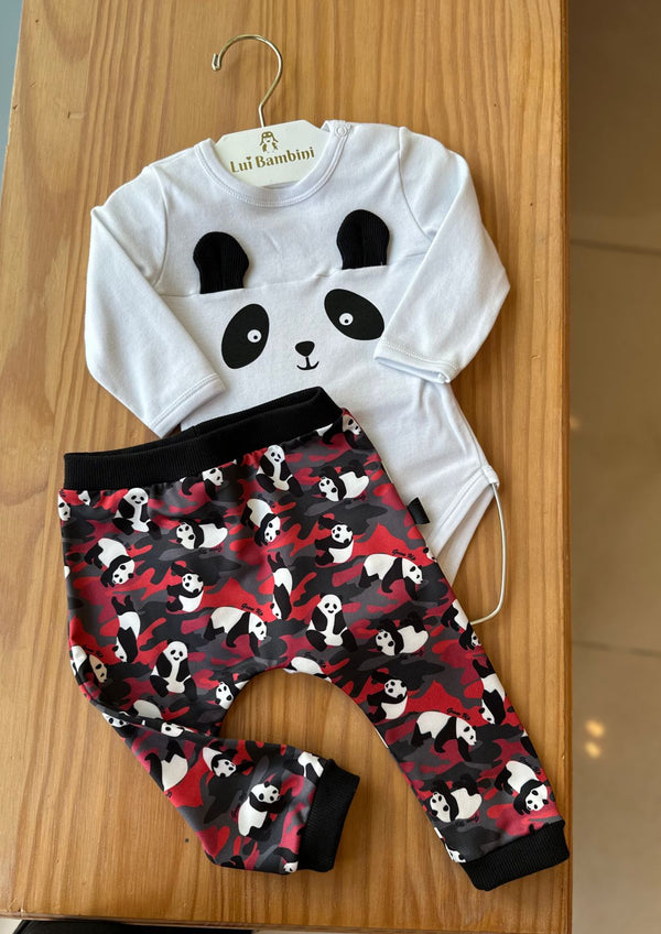 CONJUNTO BODY MANGA LONGA E CALÇA PANDAS MENINO GROW UP - BODY MENINO - cf-cor-branco - CONJUNTO INFANTIL MASCULINO