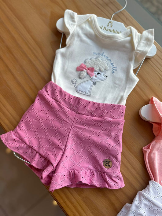 CONJUNTO BODY MANGA CURTA POODLE PELUCIADO BORDADO COM SHORT LAISE MENINA IAZE - CONJUNTO INFANTIL FEMININO - CONJUNTO MENINA - MENINA