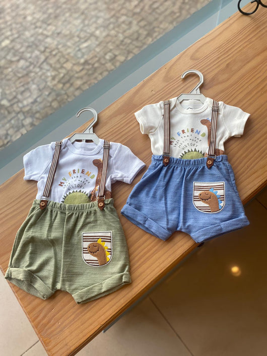 CONJUNTO BODY MANGA CURTA COM SUSPENSÓRIO E BERMUDA DINOSSAUROS MENINO IAZE - BODY MENINO - CONJUNTO INFANTIL MASCULINO - CONJUNTO MENINO