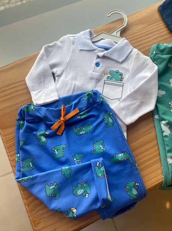 CONJUNTO BODY CAMISA MANGA LONGA COM CALÇA BARRA DOBRADA DINOSSAUROS MENINO IAZE - CONJUNTO INFANTIL MASCULINO - CONJUNTO MENINO - COR BRANCA