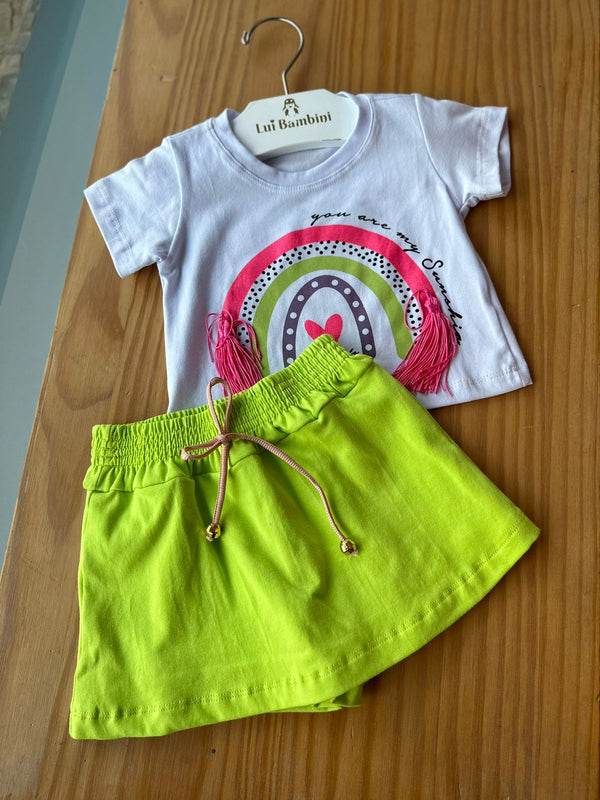 CONJUNTO BLUSA MANGA CURTA ARCO IRIS E SHORT SAIA MENINA LUI BAMBINI - CONJUNTO INFANTIL FEMININO - CONJUNTO MENINA - MENINA