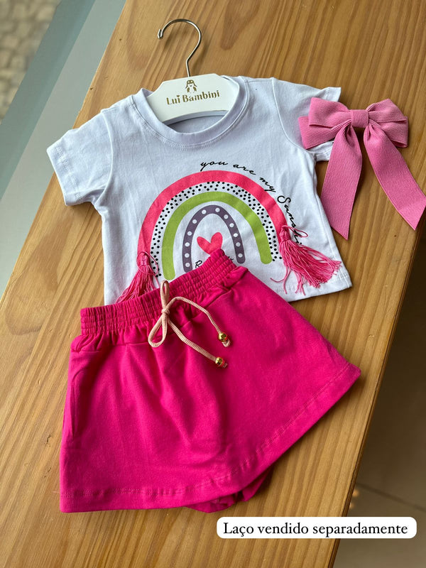 CONJUNTO BLUSA MANGA CURTA ARCO IRIS POMPOM E SHORT SAIA MENINA LUI BAMBINI - CONJUNTO INFANTIL FEMININO - CONJUNTO MENINA - MENINA