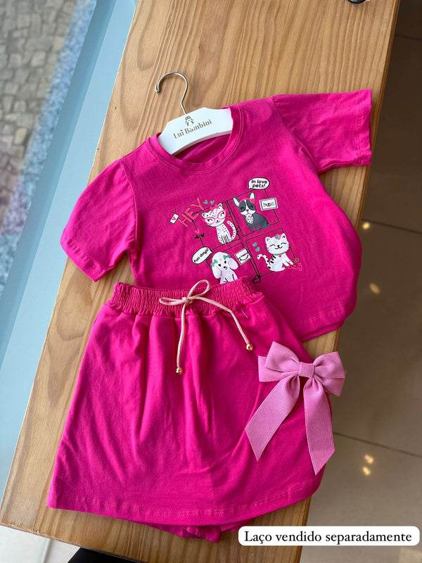 CONJUNTO BLUSA MANGA CURTA E SHORT SAIA PETS GATOS E CACHORROS MENINA LUI BAMBINI - CONJUNTO INFANTIL FEMININO - CONJUNTO MENINA - MENINA