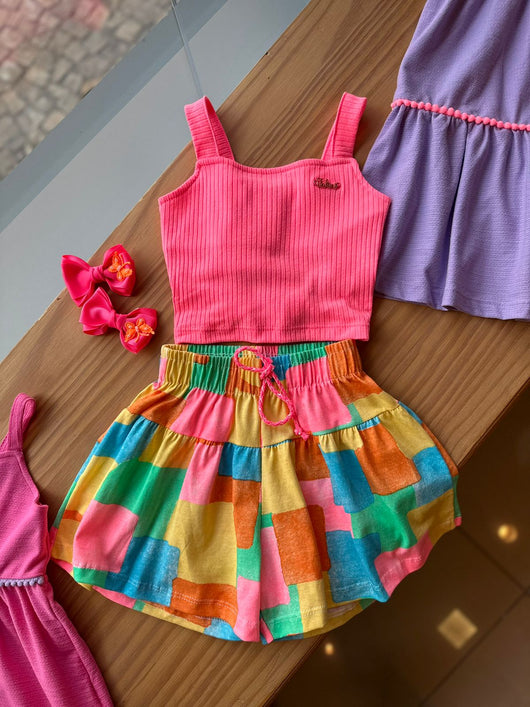 CONJUNTO BLUSA ALÇA CANELADA COM AMARRAÇÃO E SHORT QUADRICULADO MENINA FAKINI - CONJUNTO INFANTIL FEMININO - CONJUNTO MENINA - MENINA