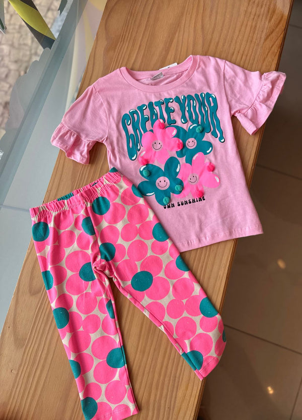 CONJUNTO BLUSA MANGA CURTA BABADO COM CALÇA FLOR POMPOM MENINA FAKINI - CONJUNTO INFANTIL FEMININO - CONJUNTO MENINA - MENINA