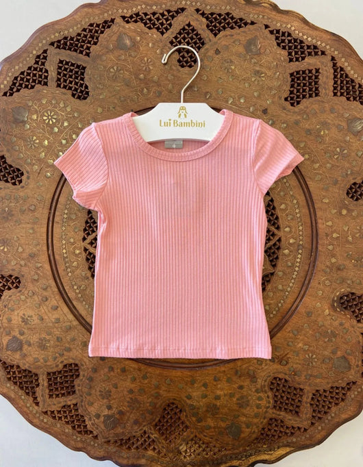 BLUSA MANGA CURTA MALHA CANELADA LISA MENINA ALAKAZOO - BLUSA MENINA - cf-cor-off - cf-cor-rosa-bebe