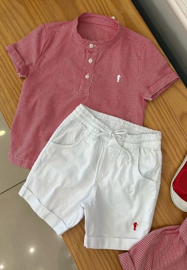 CONJUNTO BATA MANGA CURTA XADREZ COM BERMUDA SARJA BARRA DOBRADA MENINO ONDA MARINHA - CONJUNTO MENINO - MENINO -