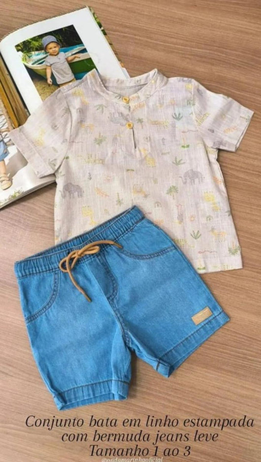 CONJUNTO BATA MANGA CURTA ANIMAIS LINHO COM BEMRUDA JEANS MENINO ONDA MARIINHA - CONJUNTO INFANTIL MASCULINO - CONJUNTO MENINO - MENINO