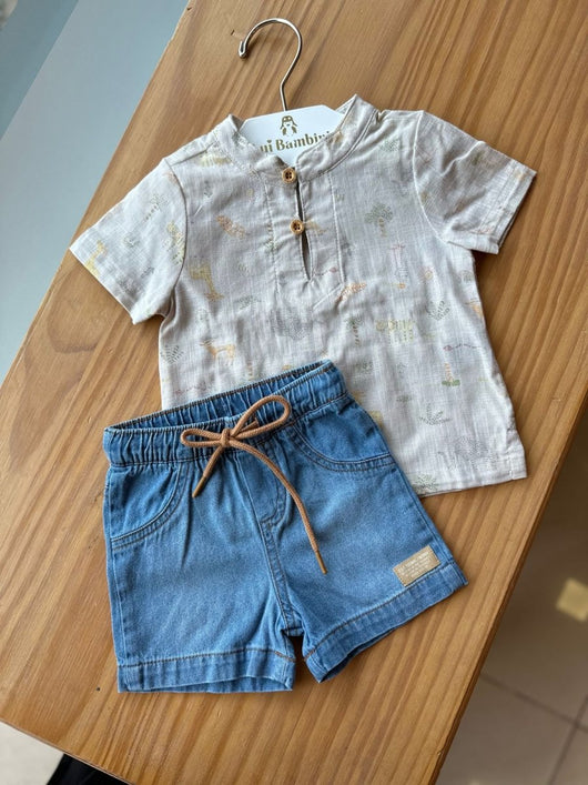 CONJUNTO BATA MANGA CURTA ANIMAIS LINHO COM BEMRUDA JEANS MENINO ONDA MARIINHA - CONJUNTO INFANTIL MASCULINO - CONJUNTO MENINO - MENINO