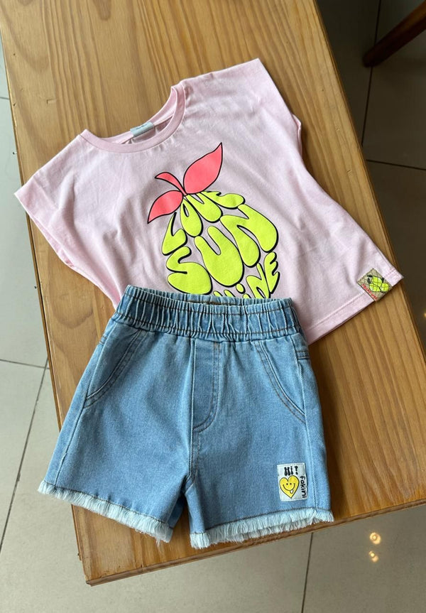 CONJUNTO BLUSA MANGA CURTA LOVE SUN E SHORTJEANS MENINA FAKINI