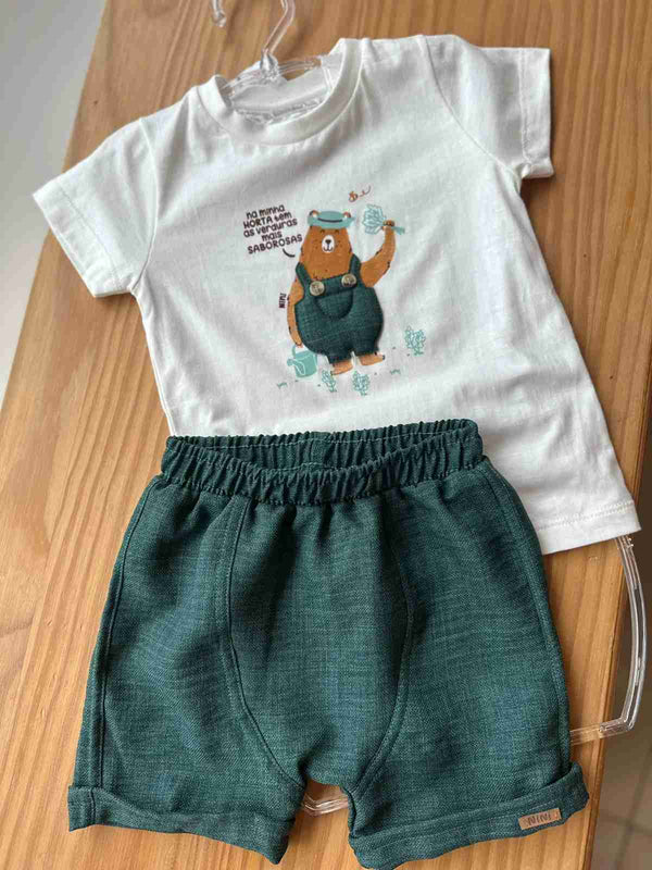 CONJUNTO CAMISETA MANGA CURTA E BERMUDA BARRA DOBRADA URSO MENINO NINI E BAMBINI